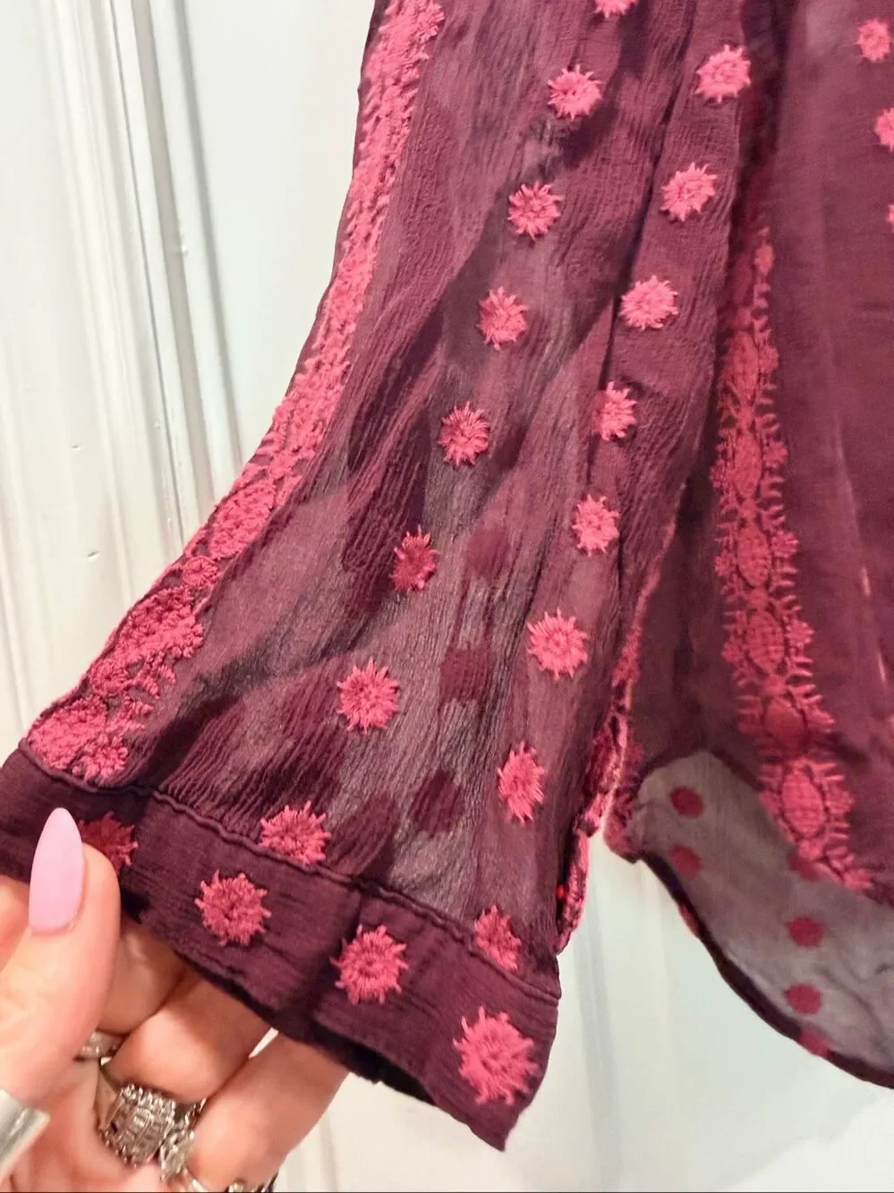 Zoa New York Silk Sheer Embroidered Blouse Burgundy Red Dot Boho Sz L